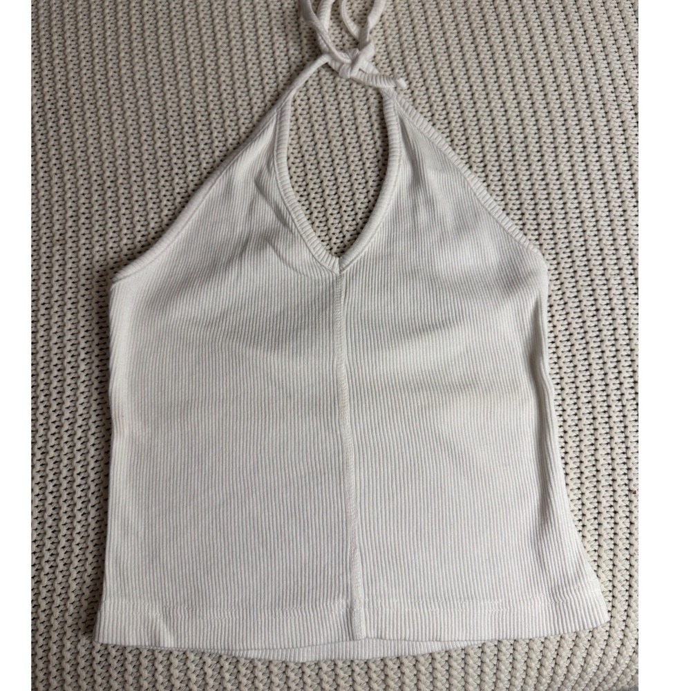 Hard Tail Forever White Ribbed Halter Top V-Neck One Size Fits All Made in USA